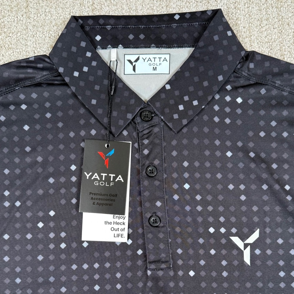NEW Yatta Golf Mens Medium Black Geometric Diamond Print Performance Polo Shirt